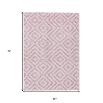 5' X 8' Pink And Ivory Geometric Washable Indoor Outdoor Area Rug