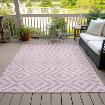 5' X 8' Pink And Ivory Geometric Washable Indoor Outdoor Area Rug