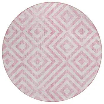 8' Pink And Ivory Round Geometric Washable Indoor Outdoor Area Rug