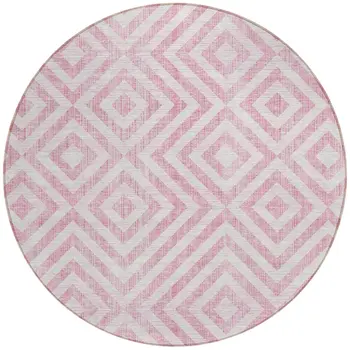 8' Pink And Ivory Round Geometric Washable Indoor Outdoor Area Rug