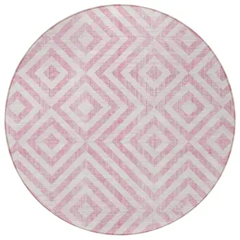 8' Pink And Ivory Round Geometric Washable Indoor Outdoor Area Rug