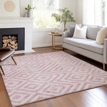 8' X 10' Pink And Ivory Geometric Washable Indoor Outdoor Area Rug
