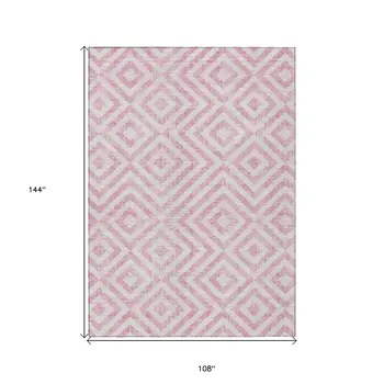 9' X 12' Pink And Ivory Geometric Washable Indoor Outdoor Area Rug