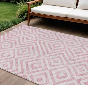 9' X 12' Pink And Ivory Geometric Washable Indoor Outdoor Area Rug