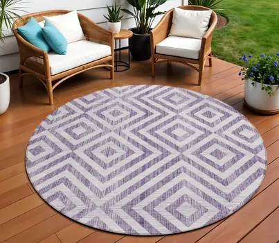 8' Purple And Ivory Round Geometric Washable Indoor Outdoor Area Rug