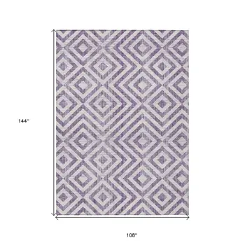 9' X 12' Purple And Ivory Geometric Washable Indoor Outdoor Area Rug