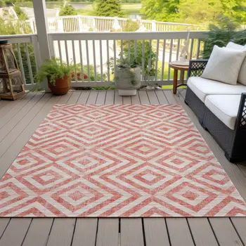 5' X 8' Salmon And Ivory Geometric Washable Indoor Outdoor Area Rug
