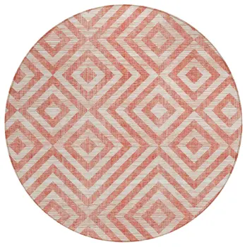 8' Salmon And Ivory Round Geometric Washable Indoor Outdoor Area Rug