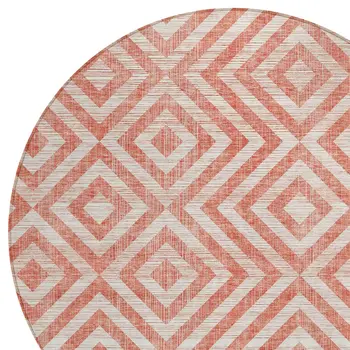 8' Salmon And Ivory Round Geometric Washable Indoor Outdoor Area Rug