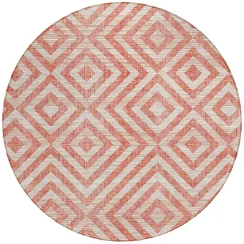 8' Salmon And Ivory Round Geometric Washable Indoor Outdoor Area Rug