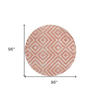 8' Salmon And Ivory Round Geometric Washable Indoor Outdoor Area Rug