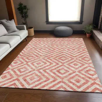 8' X 10' Salmon And Ivory Geometric Washable Indoor Outdoor Area Rug