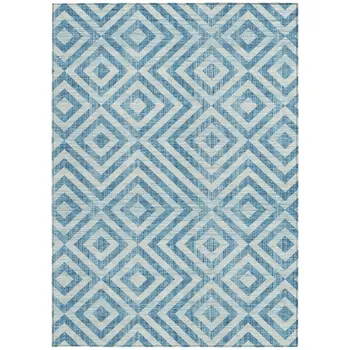 3' X 5' Teal Blue And Ivory Geometric Washable Indoor Outdoor Area Rug