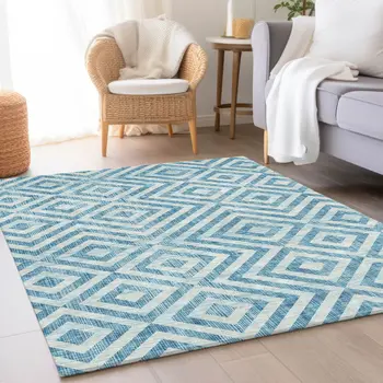 3' X 5' Teal Blue And Ivory Geometric Washable Indoor Outdoor Area Rug