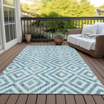 5' X 8' Teal Blue And Ivory Geometric Washable Indoor Outdoor Area Rug