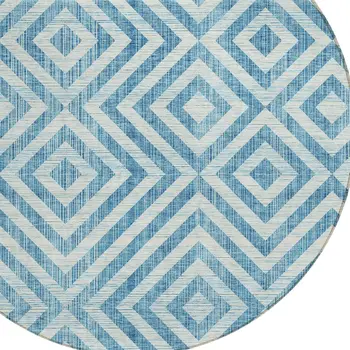 8' Teal Blue And Ivory Round Geometric Washable Indoor Outdoor Area Rug