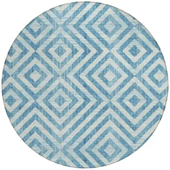 8' Teal Blue And Ivory Round Geometric Washable Indoor Outdoor Area Rug