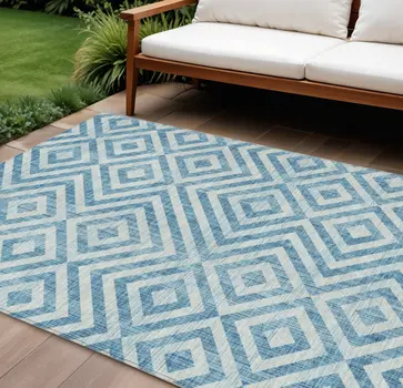 9' X 12' Teal Blue And Ivory Geometric Washable Indoor Outdoor Area Rug