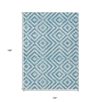 10' X 14' Teal Blue And Ivory Geometric Washable Indoor Outdoor Area Rug