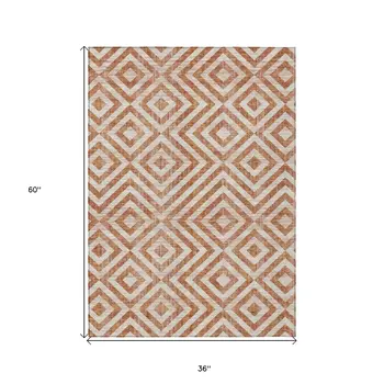 3' X 5' Terra Cotta Copper And Beige Geometric Washable Indoor Outdoor Area Rug