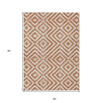 5' X 8' Terra Cotta Copper And Beige Geometric Washable Indoor Outdoor Area Rug
