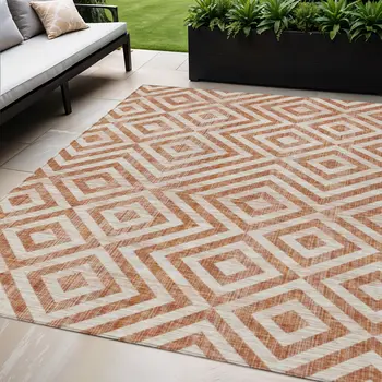 5' X 8' Terra Cotta Copper And Beige Geometric Washable Indoor Outdoor Area Rug