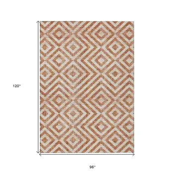 8' X 10' Terra Cotta Copper And Beige Geometric Washable Indoor Outdoor Area Rug
