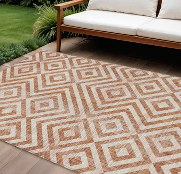 9' X 12' Terra Cotta Copper And Beige Geometric Washable Indoor Outdoor Area Rug