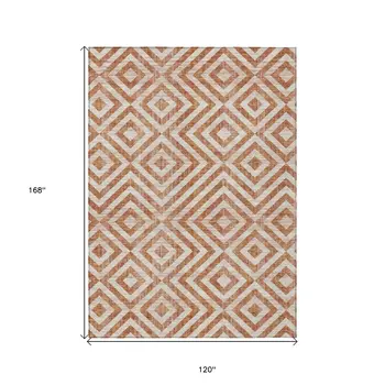 10' X 14' Terra Cotta Copper And Beige Geometric Washable Indoor Outdoor Area Rug