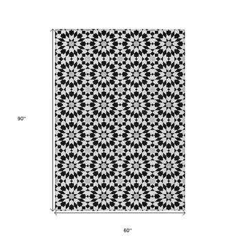 5' X 8' Black Gray And Silver Floral Medallion Washable Indoor Outdoor Area Rug