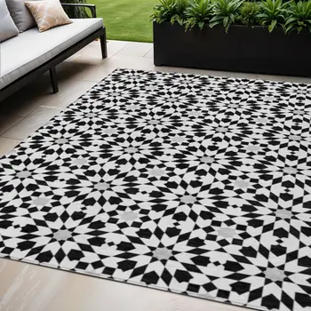 5' X 8' Black Gray And Silver Floral Medallion Washable Indoor Outdoor Area Rug