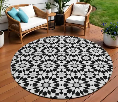 8' Black Gray And Silver Round Floral Medallion Washable Indoor Outdoor Area Rug