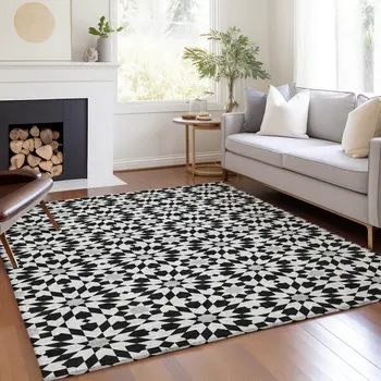 8' X 10' Black Gray And Silver Floral Medallion Washable Indoor Outdoor Area Rug