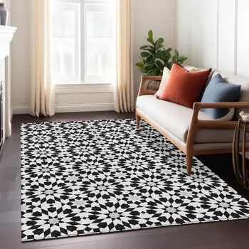 8' X 10' Black Gray And Silver Floral Medallion Washable Indoor Outdoor Area Rug