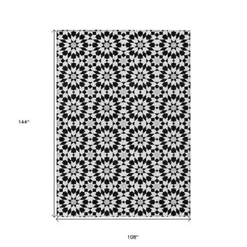 9' X 12' Black Gray And Silver Floral Medallion Washable Indoor Outdoor Area Rug