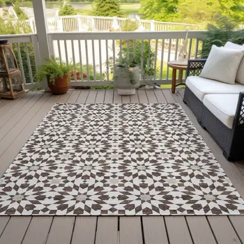 5' X 8' Brown Beige And Ivory Floral Medallion Washable Indoor Outdoor Area Rug