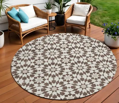 8' Brown Beige And Ivory Round Floral Medallion Washable Indoor Outdoor Area Rug