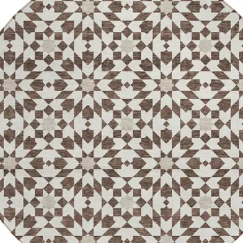 8' Brown Beige And Ivory Round Floral Medallion Washable Indoor Outdoor Area Rug