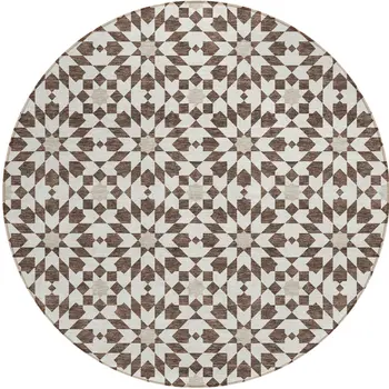 8' Brown Beige And Ivory Round Floral Medallion Washable Indoor Outdoor Area Rug