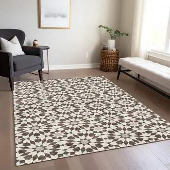9' X 12' Brown Beige And Ivory Floral Medallion Washable Indoor Outdoor Area Rug