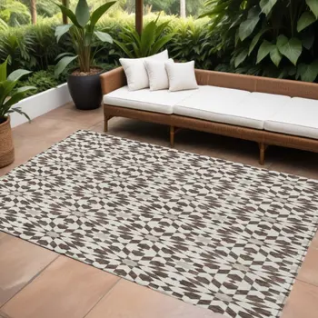 10' X 14' Brown Beige And Ivory Floral Medallion Washable Indoor Outdoor Area Rug