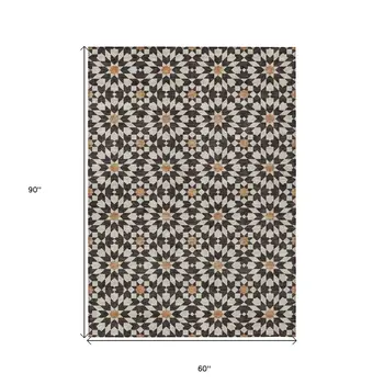 5' X 8' Charcoal Silver And Copper Floral Medallion Washable Indoor Outdoor Area Rug