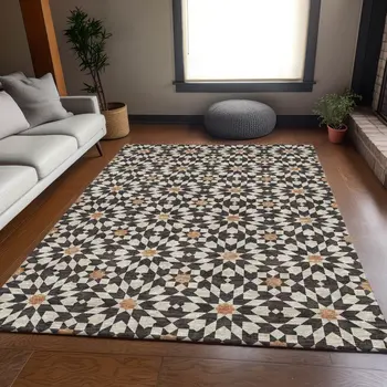 5' X 8' Charcoal Silver And Copper Floral Medallion Washable Indoor Outdoor Area Rug
