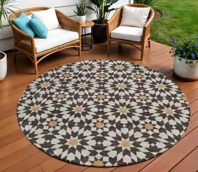 8' Charcoal Silver And Copper Round Floral Medallion Washable Indoor Outdoor Area Rug