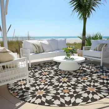 8' Charcoal Silver And Copper Round Floral Medallion Washable Indoor Outdoor Area Rug