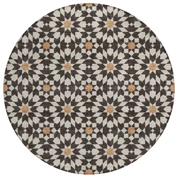 8' Charcoal Silver And Copper Round Floral Medallion Washable Indoor Outdoor Area Rug