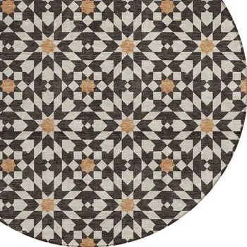 8' Charcoal Silver And Copper Round Floral Medallion Washable Indoor Outdoor Area Rug