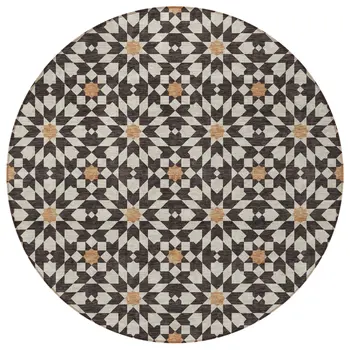 8' Charcoal Silver And Copper Round Floral Medallion Washable Indoor Outdoor Area Rug
