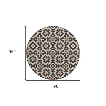 8' Charcoal Silver And Copper Round Floral Medallion Washable Indoor Outdoor Area Rug