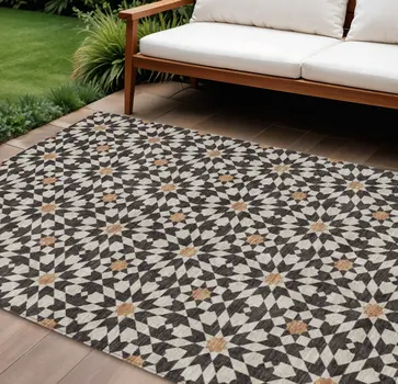 8' X 10' Charcoal Silver And Copper Floral Medallion Washable Indoor Outdoor Area Rug